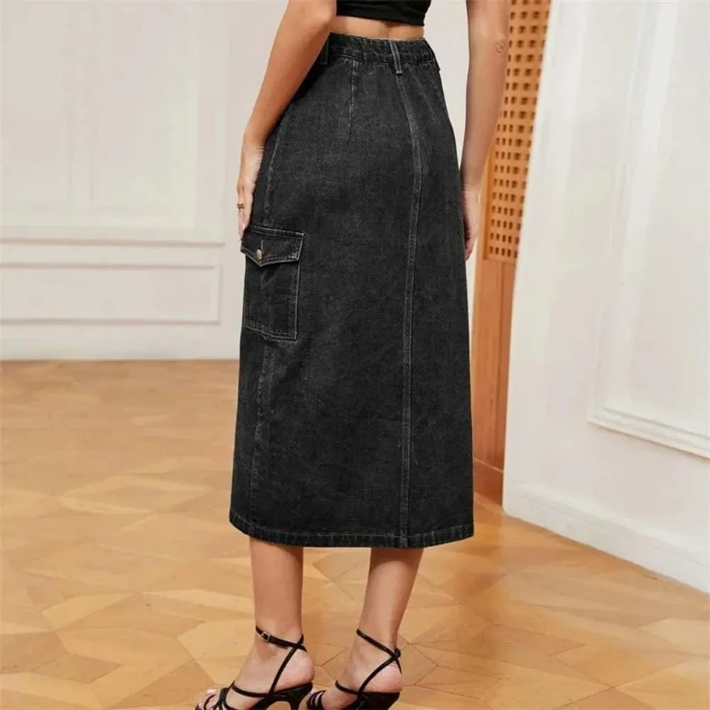 Women High Waist Button Side Split Denim Skirt Casual Pocket Streetwear Slim Fit Midi Skirt