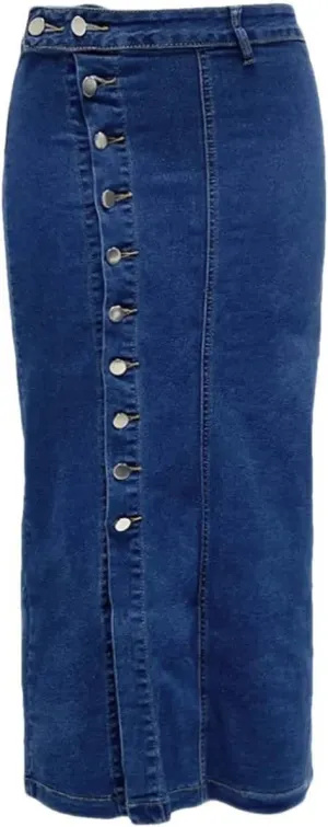 Women High Waist Button Side Split Denim Skirt Slim Fit Casual Streetwear Long Pencil Skirt
