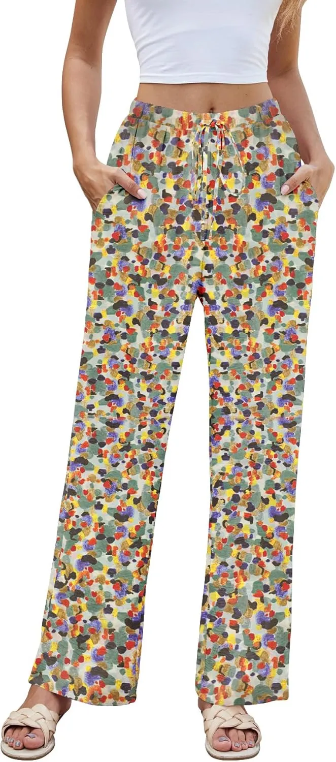 Women High Waist Casual Pants Elastic Wide Leg Summer Beach Palazzo Trousers with Pockets Lightweight Comfy