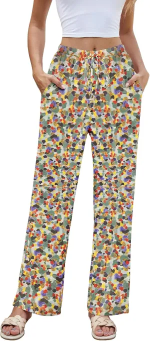 Women High Waist Casual Pants Elastic Wide Leg Summer Beach Palazzo Trousers with Pockets Lightweight Comfy