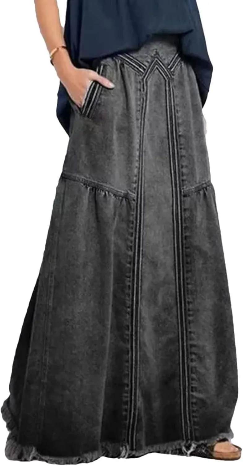 Women High Waist Maxi Button Front Denim Skirt with Pockets Casual Boho Loose Fit Long Skirt