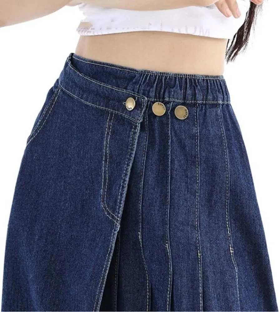 Women High Waist Pleated Denim Skirt A Line Button Front Casual Streetwear Vintage Long Skirt Fashion