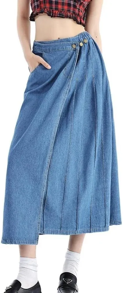Women High Waist Pleated Denim Skirt A Line Button Front Casual Streetwear Vintage Long Skirt Fashion
