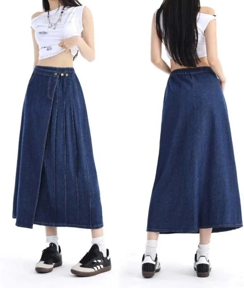 Women High Waist Pleated Denim Skirt A Line Button Front Casual Streetwear Vintage Long Skirt Fashion