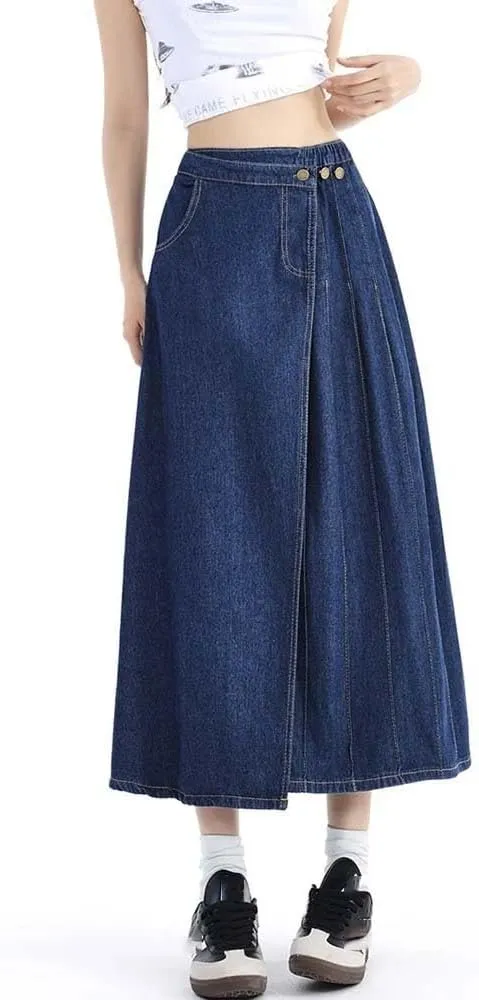 Women High Waist Pleated Denim Skirt A Line Button Front Casual Streetwear Vintage Long Skirt Fashion