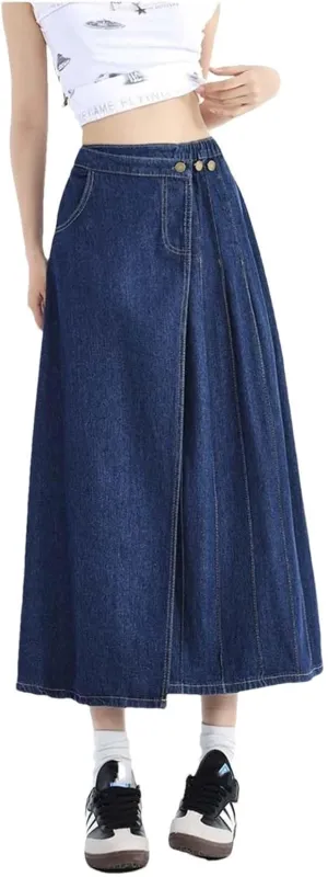 Women High Waist Pleated Denim Skirt A Line Button Front Casual Streetwear Vintage Long Skirt Fashion