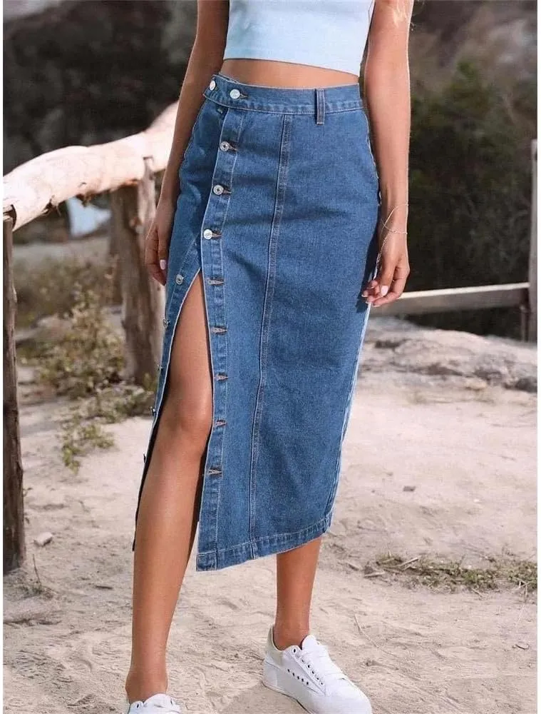 Women High Waist Side Split Button Denim Skirt Casual Bodycon Streetwear Y2K Slim Fit Midi Skirt