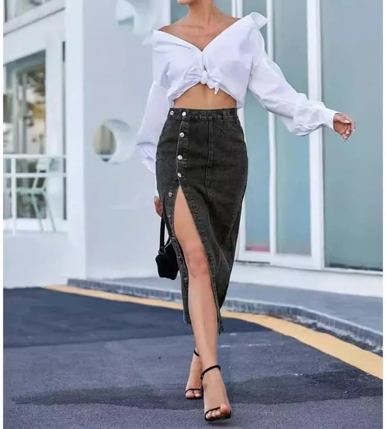 Women High Waist Side Split Button Denim Skirt Casual Bodycon Streetwear Y2K Slim Fit Midi Skirt
