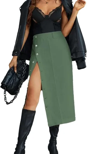 Women High Waist Side Split Button Denim Skirt Casual Bodycon Streetwear Y2K Slim Fit Midi Skirt