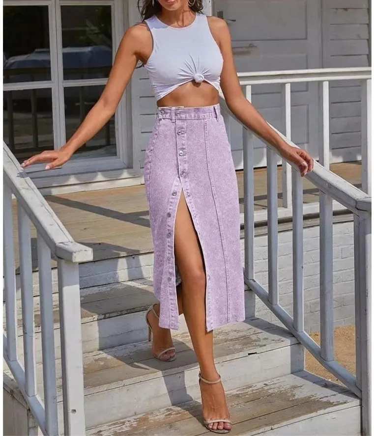 Women High Waist Side Split Button Denim Skirt Casual Bodycon Streetwear Y2K Slim Fit Midi Skirt