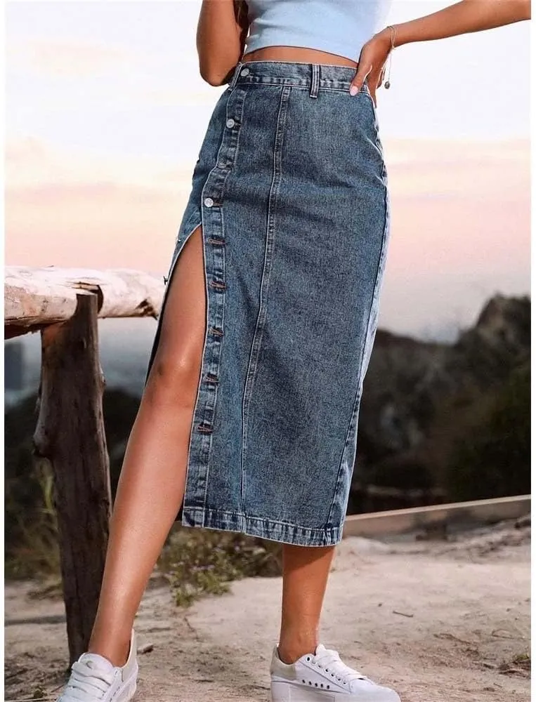 Women High Waist Side Split Button Denim Skirt Casual Bodycon Streetwear Y2K Slim Fit Midi Skirt