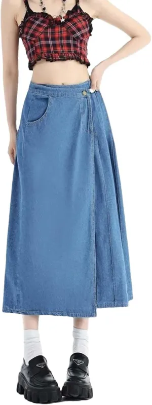 Women High Waist Side Split Hem Raw Edge Denim Skirt Casual Slim Fit Distressed Button Midi Skirt