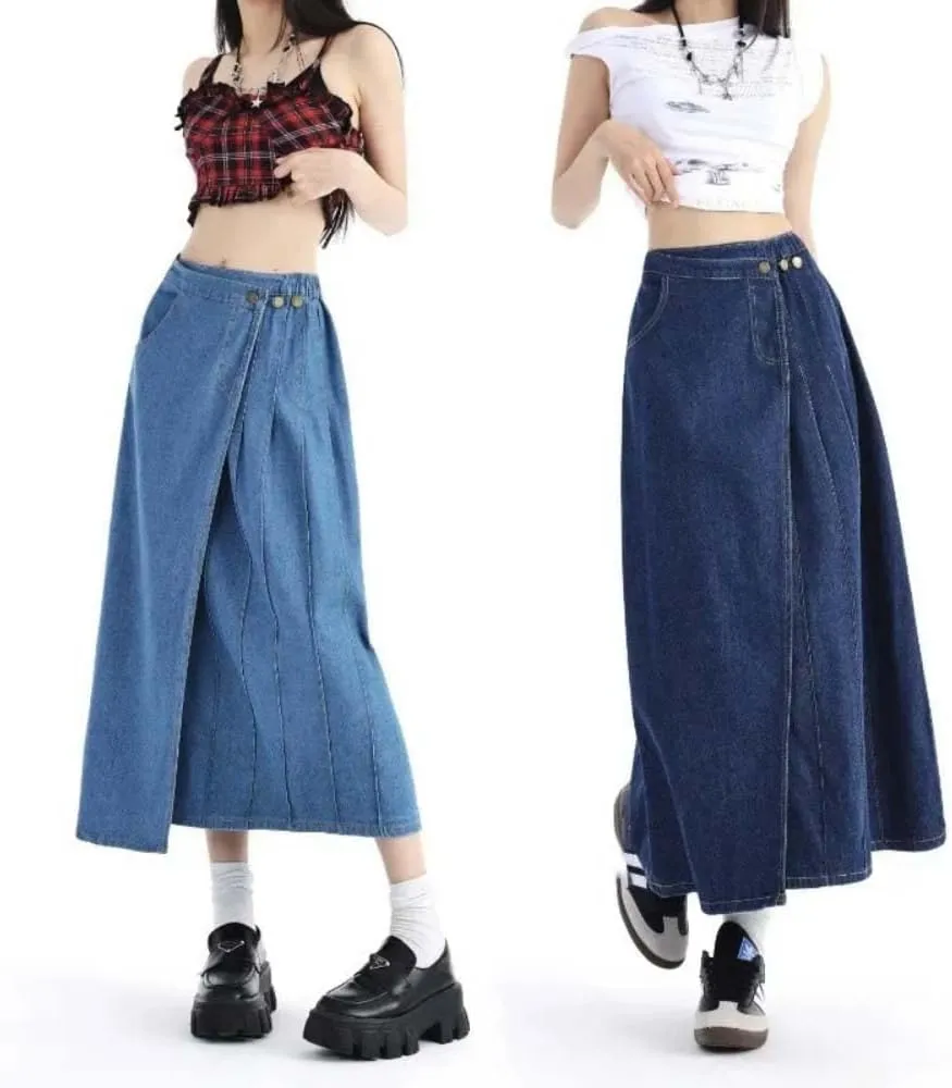 Women High Waist Side Split Hem Raw Edge Denim Skirt Casual Slim Fit Distressed Button Midi Skirt