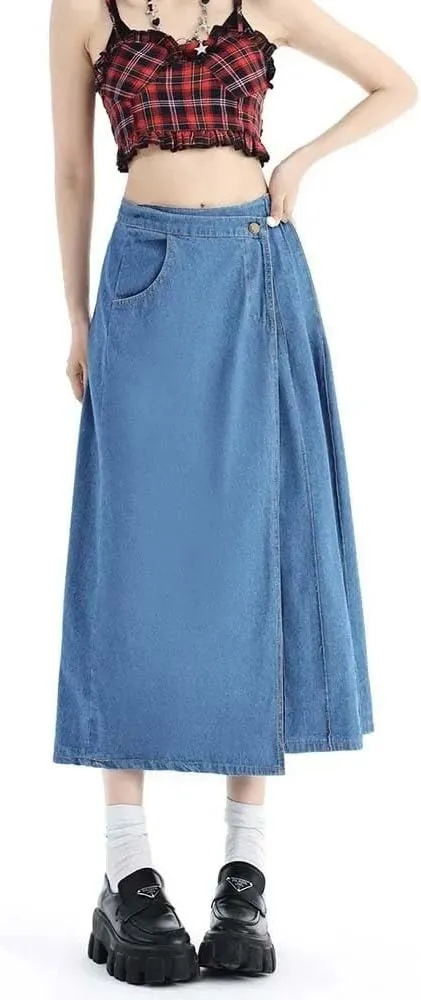 Women High Waist Side Split Hem Raw Edge Denim Skirt Casual Slim Fit Distressed Button Midi Skirt