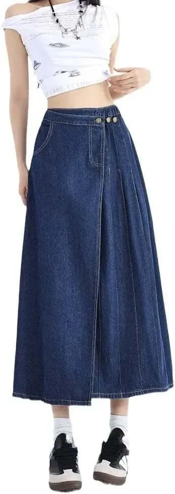Women High Waist Side Split Hem Raw Edge Denim Skirt Casual Slim Fit Distressed Button Midi Skirt