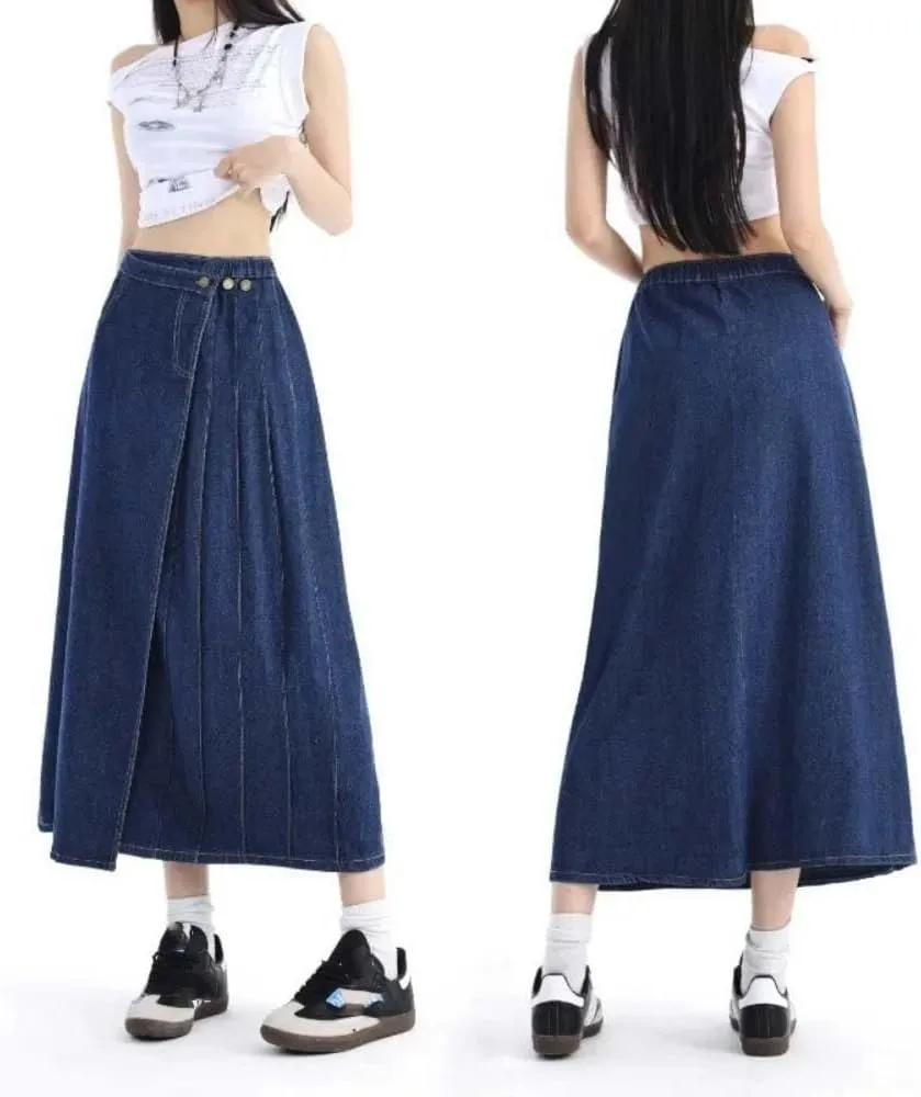 Women High Waist Side Split Hem Raw Edge Denim Skirt Casual Slim Fit Distressed Button Midi Skirt