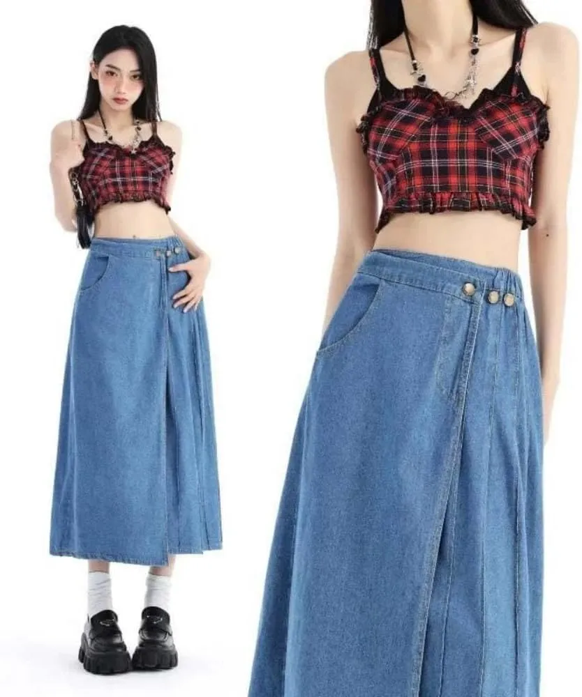Women High Waist Side Split Hem Raw Edge Denim Skirt Casual Slim Fit Distressed Button Midi Skirt