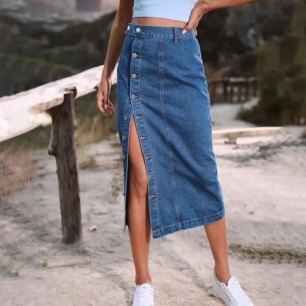 Women High Waist Split Denim Skirt Casual Midi Stretch Slim Fit Button Front Side Slit Skirt