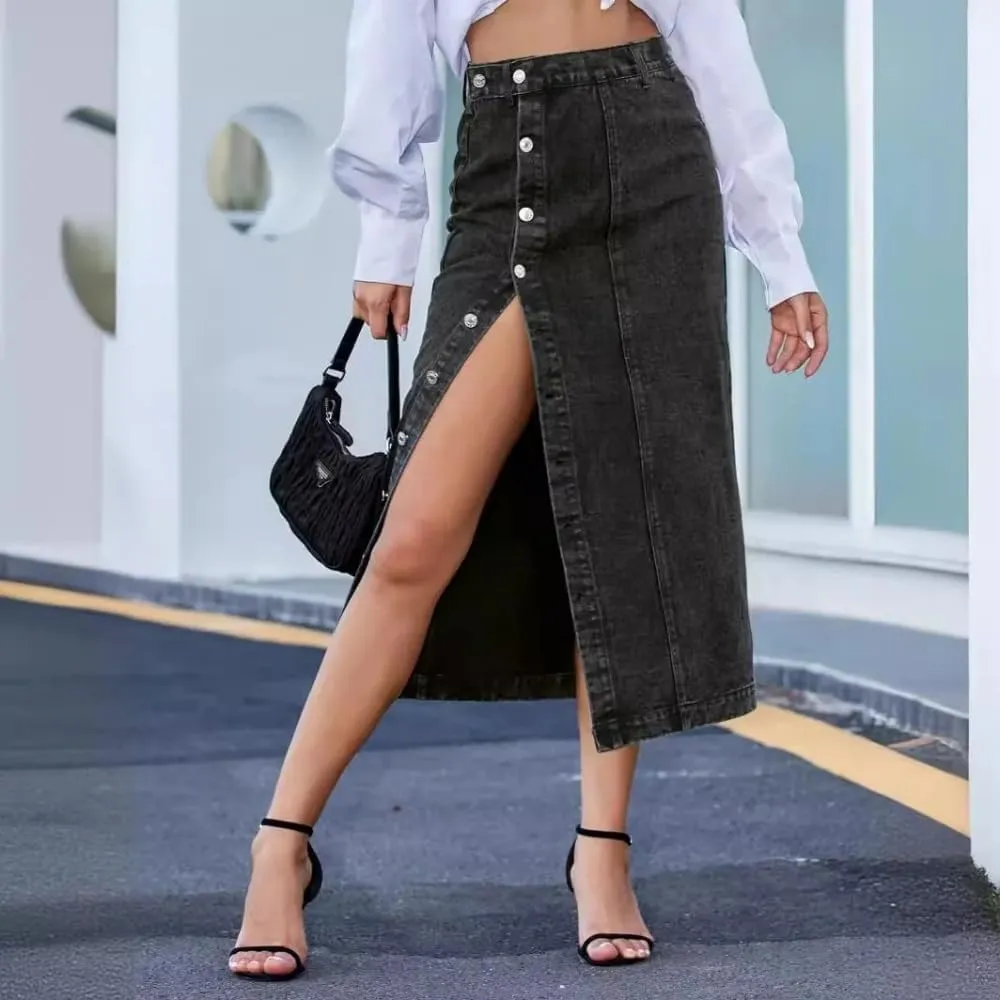 Women High Waist Split Denim Skirt Casual Midi Stretch Slim Fit Button Front Side Slit Skirt