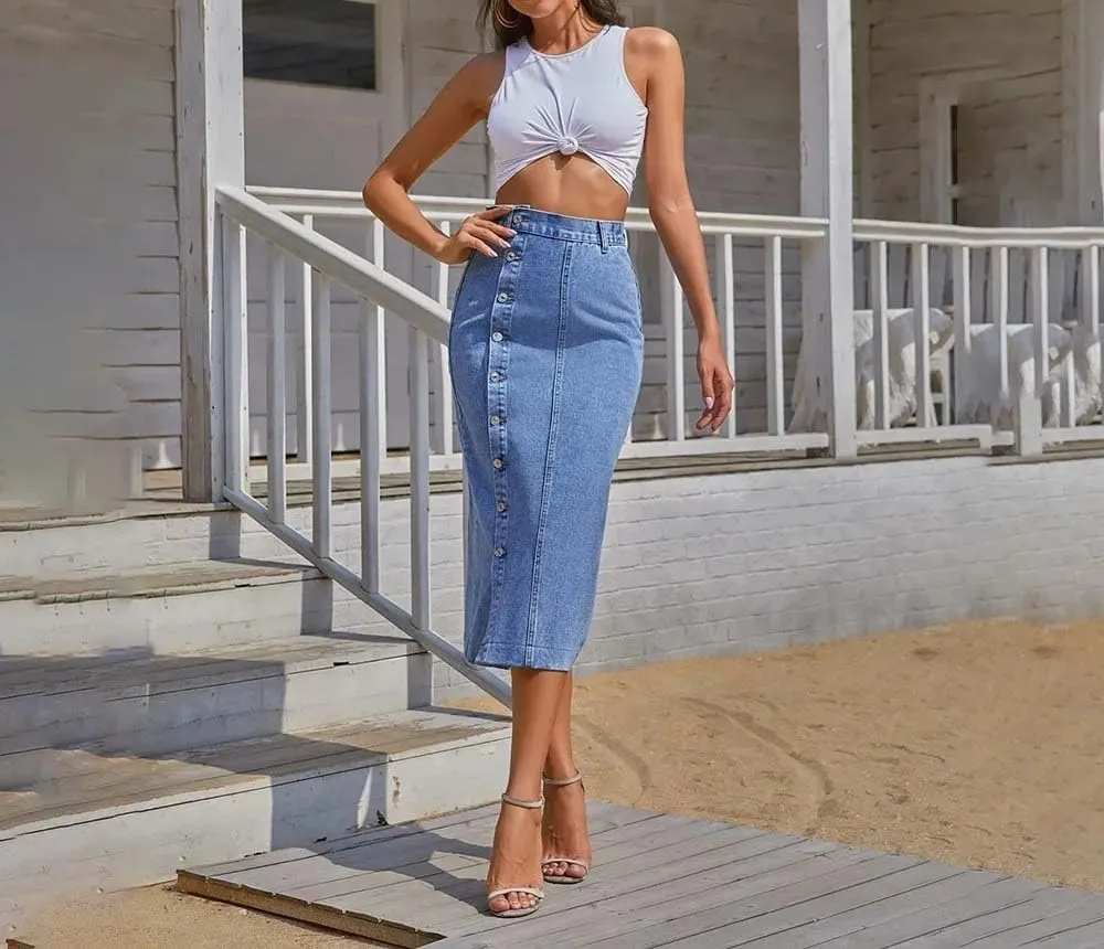 Women High Waist Split Denim Skirt Casual Midi Stretch Slim Fit Button Front Side Slit Skirt