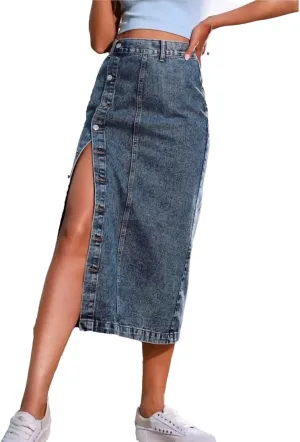 Women High Waist Split Denim Skirt Casual Midi Stretch Slim Fit Button Front Side Slit Skirt