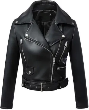 Women jacket Women Black Faux Leather Jacket Autumn Winter Short Soft Leather Jackets Belt Zipper Moto Biker Coat