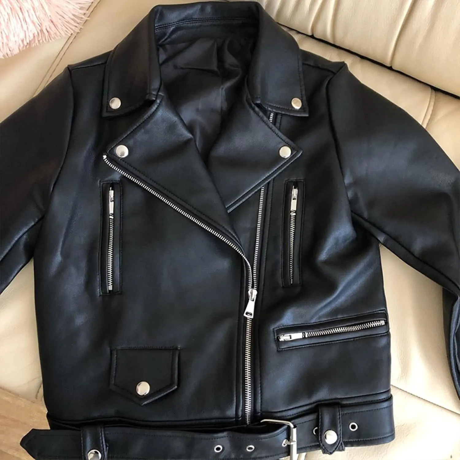 Women jacket Women Black Faux Leather Jacket Autumn Winter Short Soft Leather Jackets Belt Zipper Moto Biker Coat