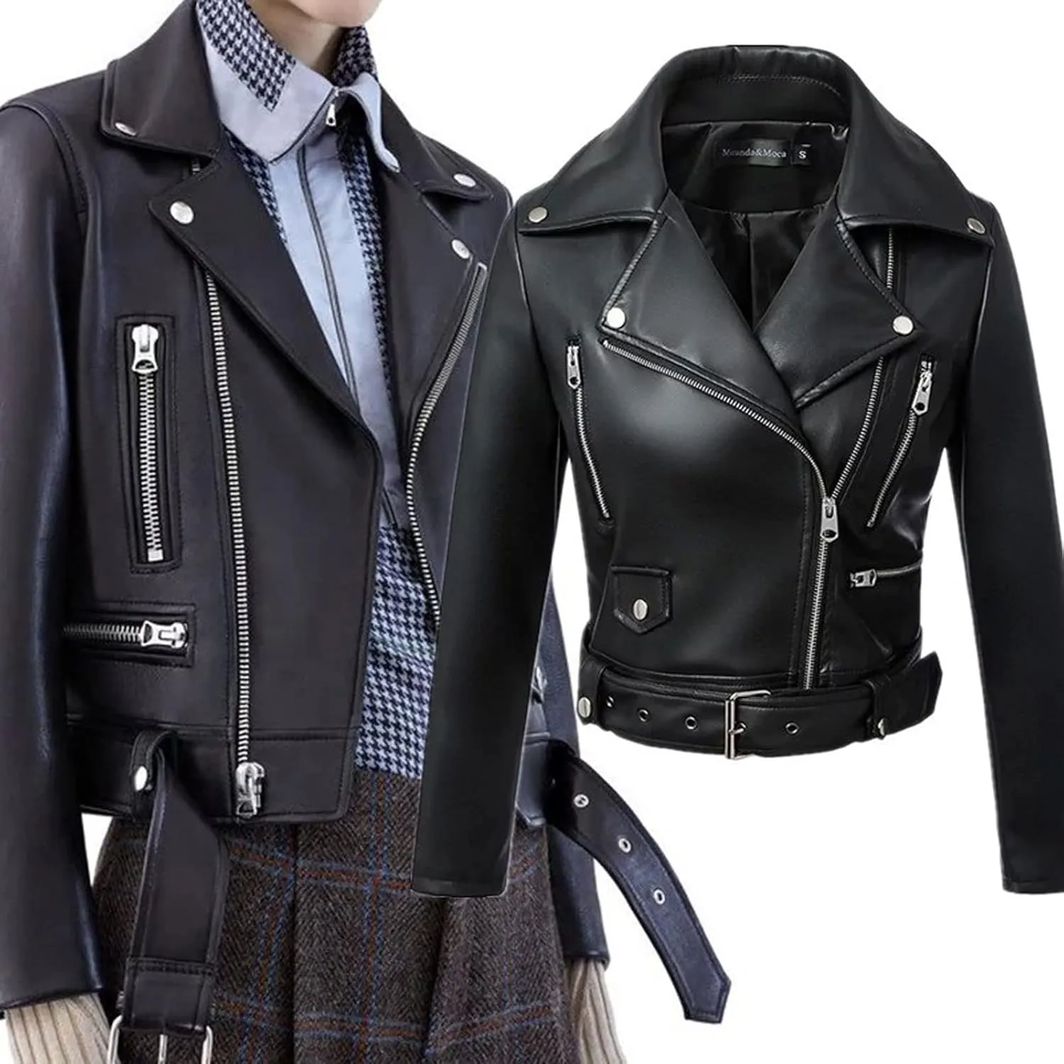 Women jacket Women Black Faux Leather Jacket Autumn Winter Short Soft Leather Jackets Belt Zipper Moto Biker Coat