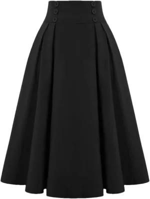 Women Knit Midi Length Button High Waist Skirt Fashion Solid Color Pleated Large Swing Skirts