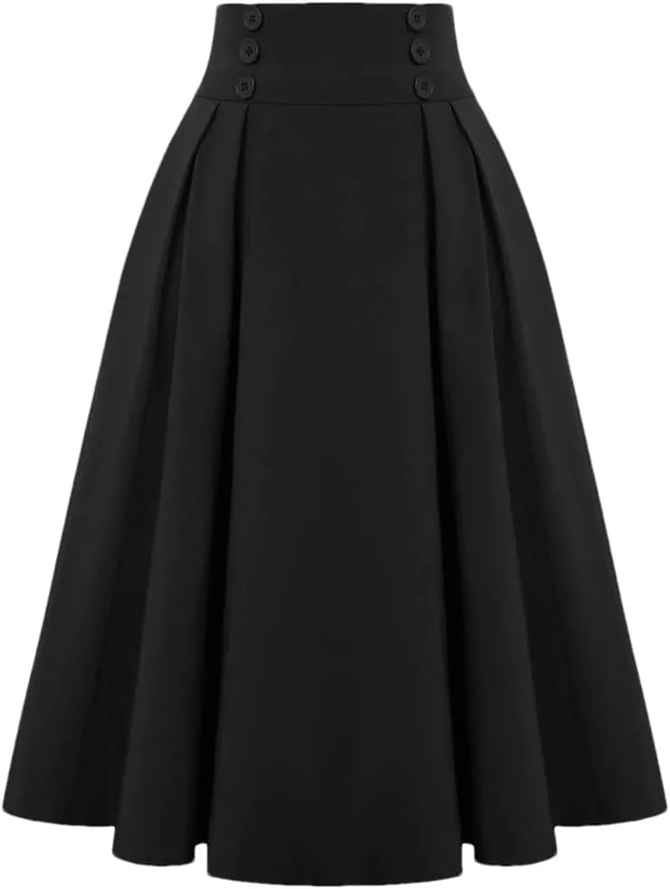 Women Knit Midi Length Button High Waist Skirt Fashion Solid Color Pleated Large Swing Skirts