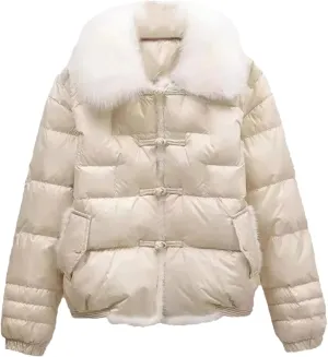 Women Loose Jacket Parka Vintage White Duck Down Winter Short Warm Puffer Coat