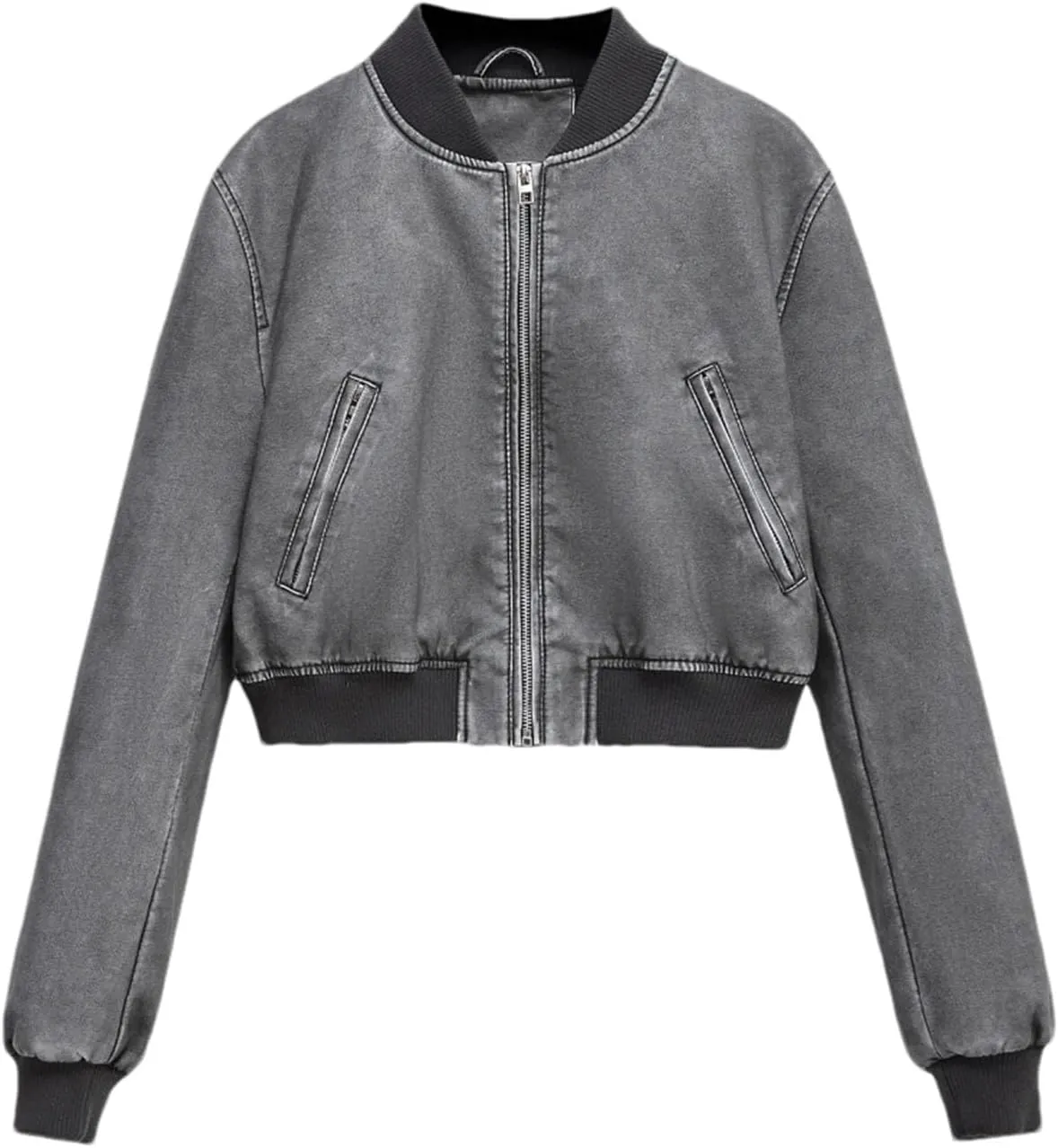 Women Mock Neck Zipper Faux Leather Jacket Vintage Moto Biker Patchwork PU Cardigan Coat