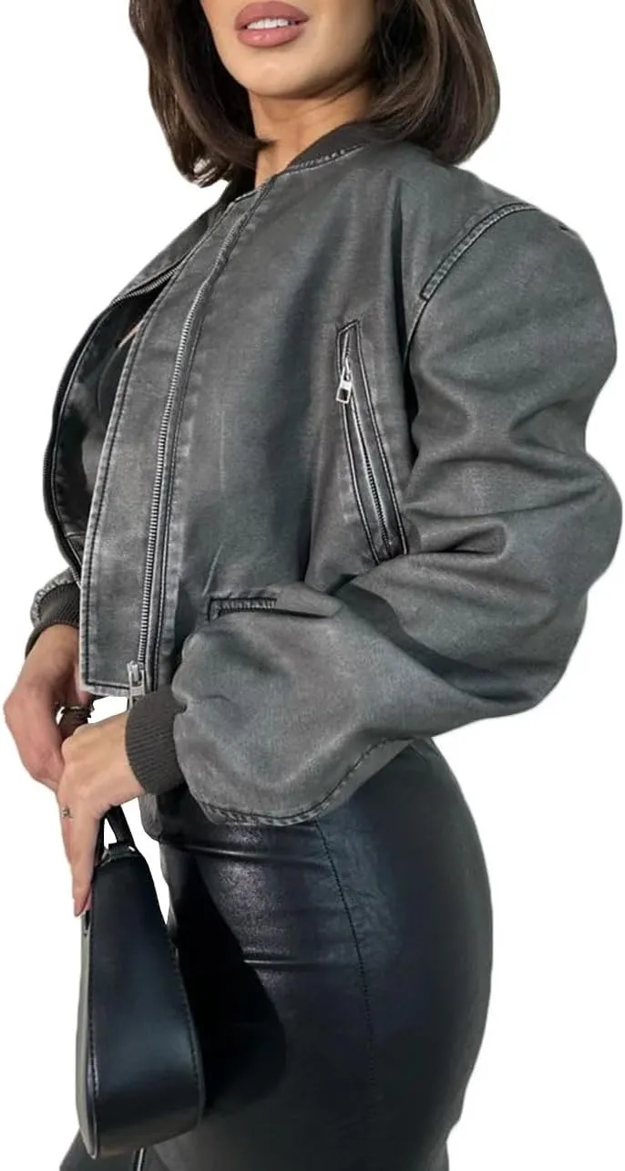 Women Mock Neck Zipper Faux Leather Jacket Vintage Moto Biker Patchwork PU Cardigan Coat
