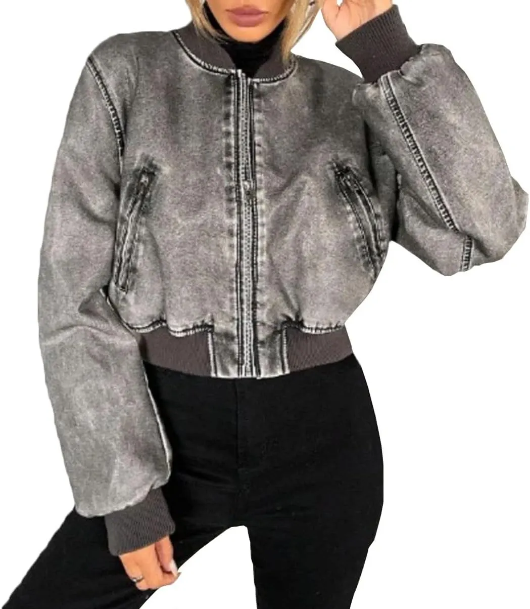 Women Mock Neck Zipper Faux Leather Jacket Vintage Moto Biker Patchwork PU Cardigan Coat