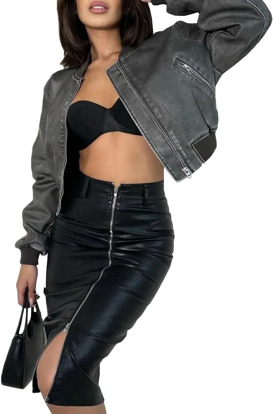 Women Mock Neck Zipper Faux Leather Jacket Vintage Moto Biker Patchwork PU Cardigan Coat