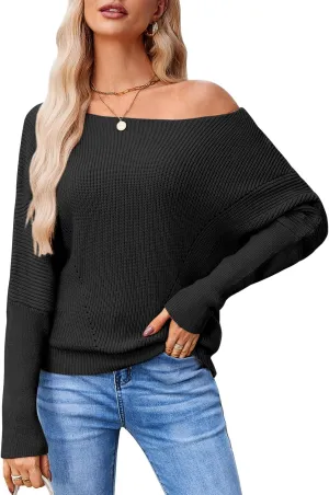 Women Off The Shoulder Sweater Batwing Long Sleeve Loose Fit Knit Pullover Tops Casual Fall Jumper Tops 2024