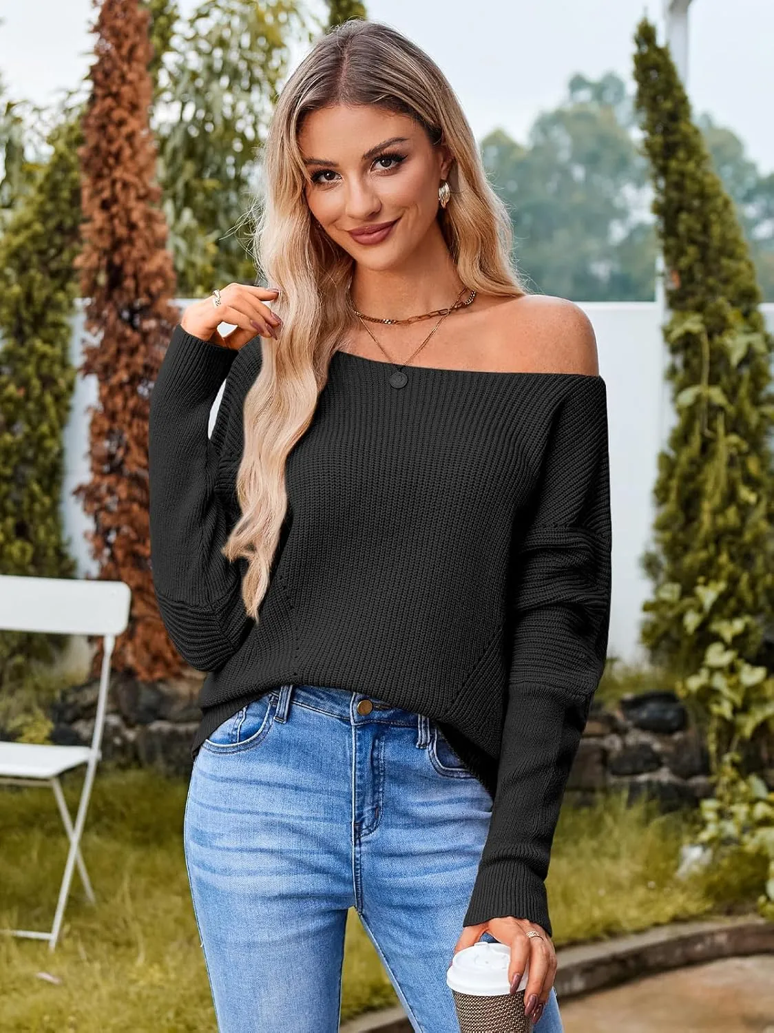 Women Off The Shoulder Sweater Batwing Long Sleeve Loose Fit Knit Pullover Tops Casual Fall Jumper Tops 2024