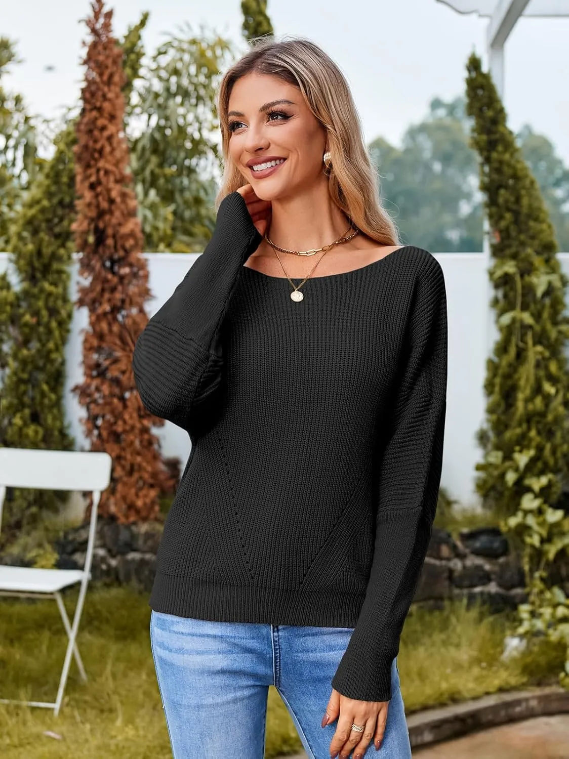 Women Off The Shoulder Sweater Batwing Long Sleeve Loose Fit Knit Pullover Tops Casual Fall Jumper Tops 2024