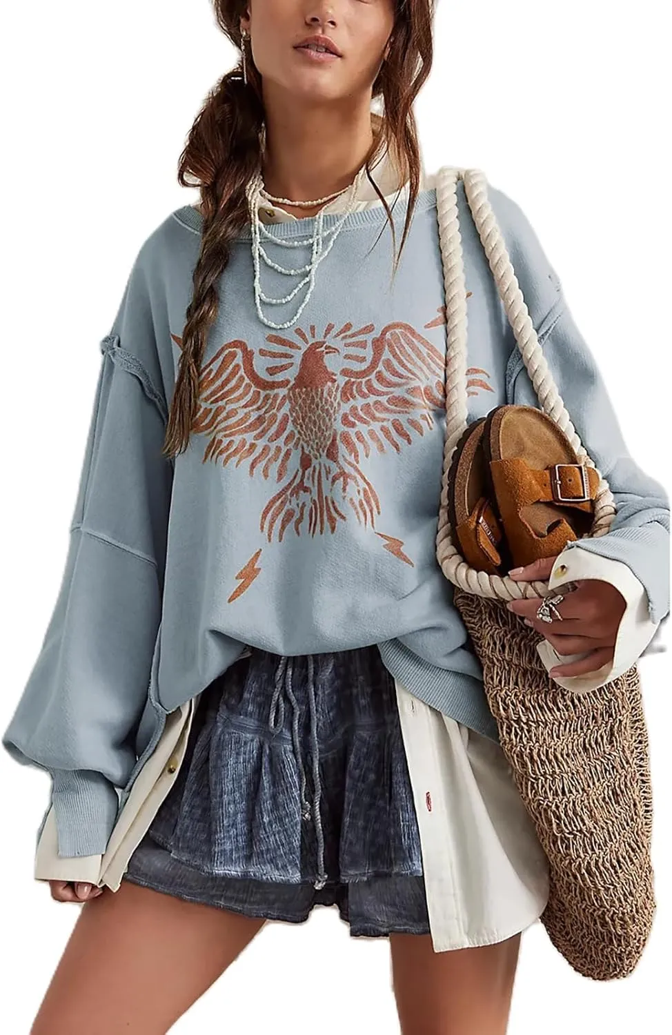 Women Oversized Graphic Sweatshirt Y2k Long Sleeve Vintage Crewneck Shirt Top Drop Shoulder Sweater Pullover