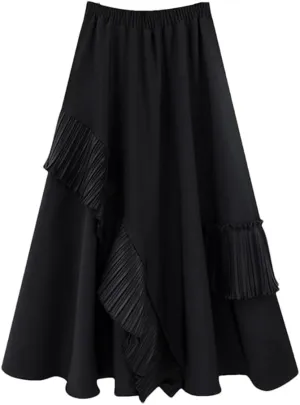 Women Pleated High Elastic Waist Skirt Ruffled A Line Swing Midi Skirts Layered Ruched Long Casual Bottoms