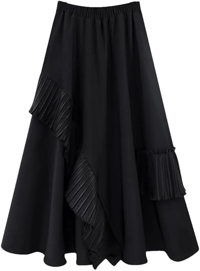 Women Pleated High Elastic Waist Skirt Ruffled A Line Swing Midi Skirts Layered Ruched Long Casual Bottoms