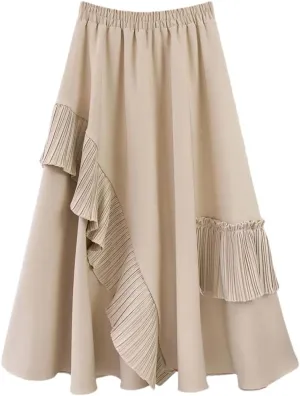 Women Pleated High Elastic Waist Skirt Ruffled A Line Swing Midi Skirts Layered Ruched Long Casual Bottoms