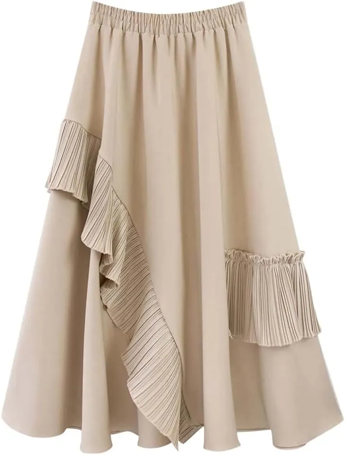Women Pleated High Elastic Waist Skirt Ruffled A Line Swing Midi Skirts Layered Ruched Long Casual Bottoms