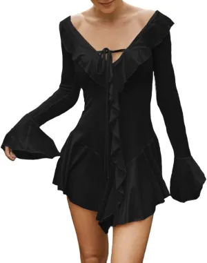 Women Sexy V Neck Tie Front Ruffle Mini Dress Autumn Long Sleeve Casual Slim Fit Solid Ruched Bodycon Short Dress