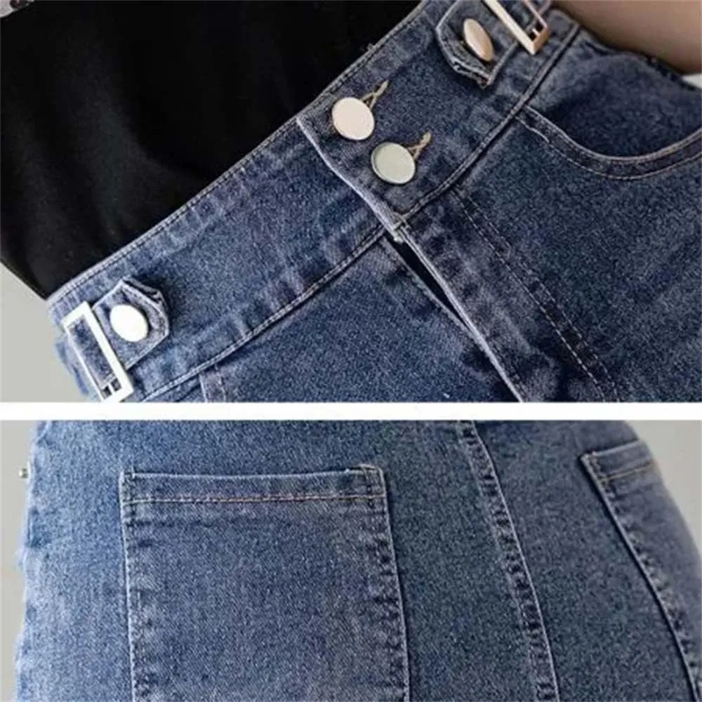 Women Split A-Line Jean Skirt Summer High Waist Double Buttons Blue Midi Denim Skirts