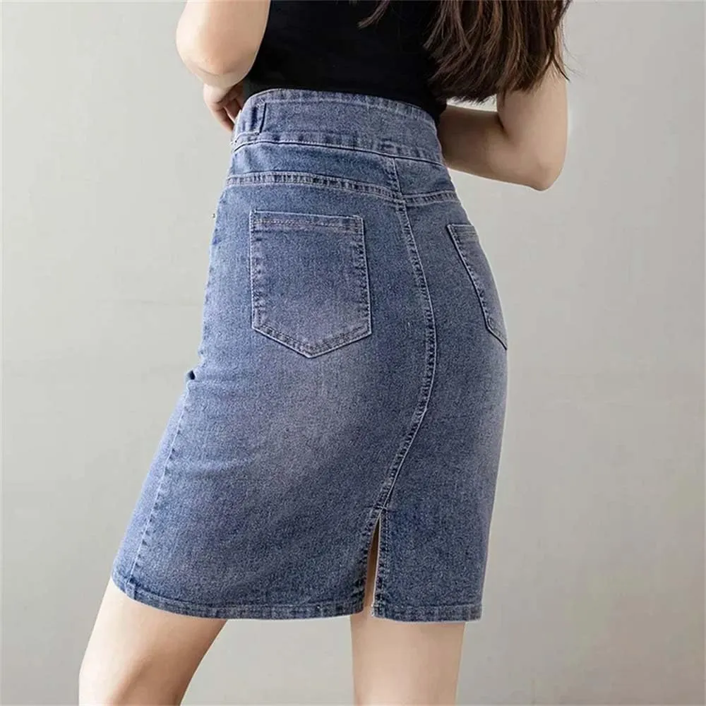 Women Split A-Line Jean Skirt Summer High Waist Double Buttons Blue Midi Denim Skirts