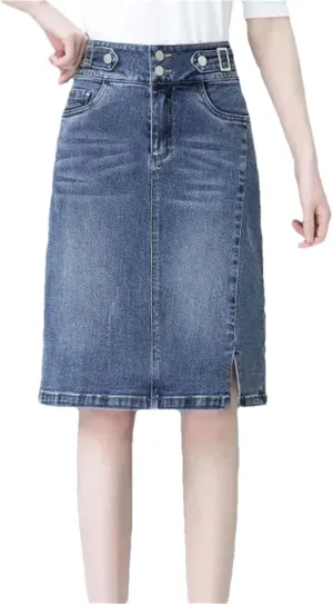 Women Split A-Line Jean Skirt Summer High Waist Double Buttons Blue Midi Denim Skirts