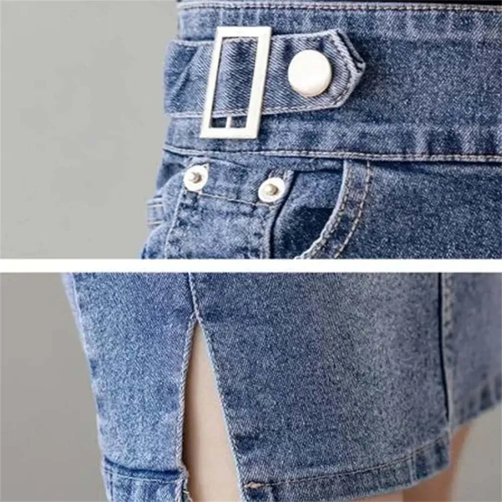 Women Split A-Line Jean Skirt Summer High Waist Double Buttons Blue Midi Denim Skirts