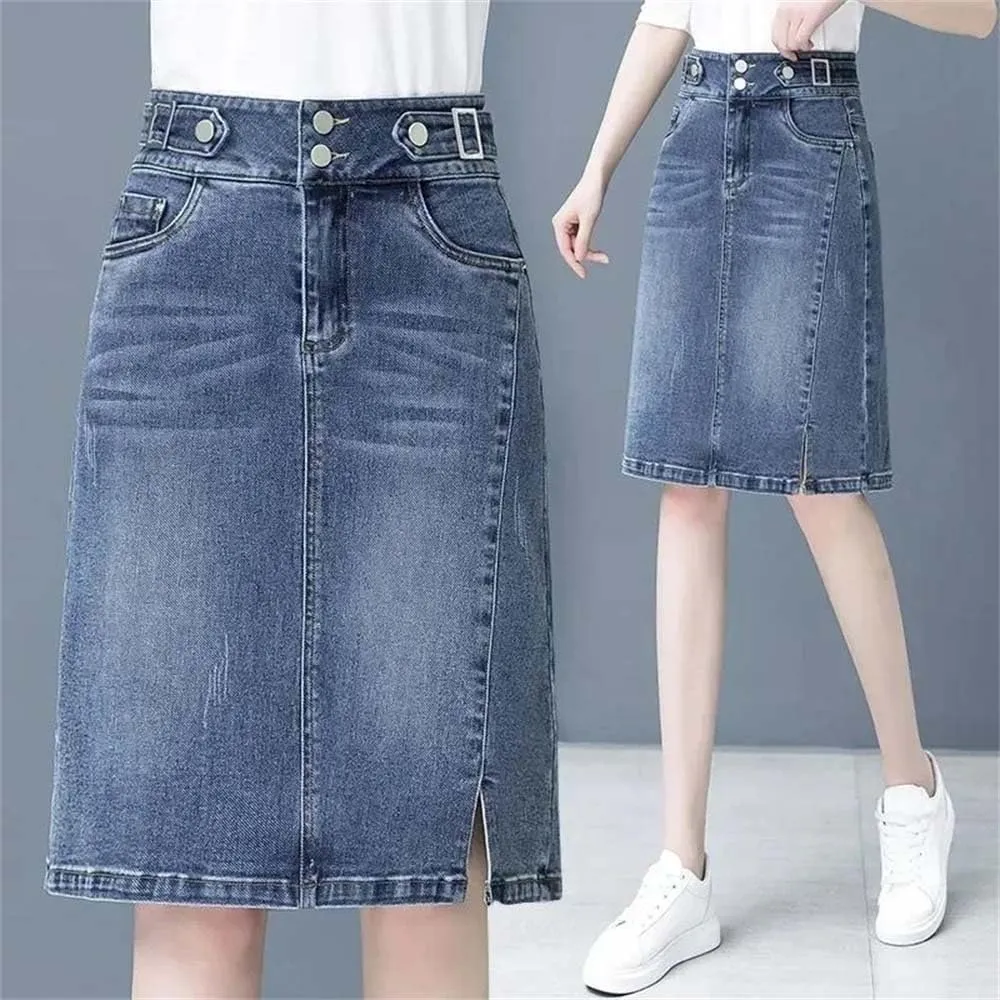 Women Split A-Line Jean Skirt Summer High Waist Double Buttons Blue Midi Denim Skirts