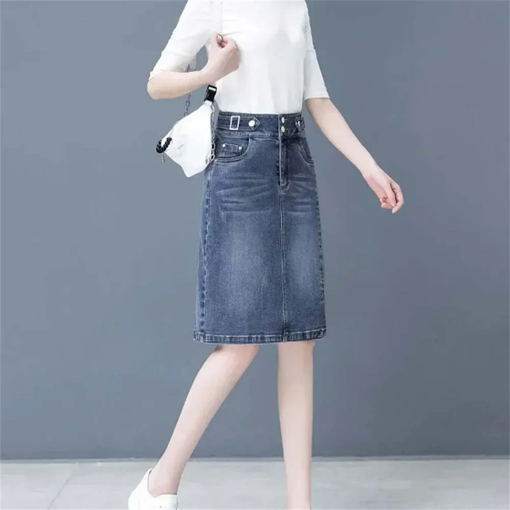 Women Split A-Line Jean Skirt Summer High Waist Double Buttons Blue Midi Denim Skirts